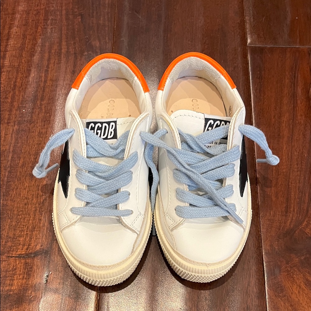 Golden Goose Kids White and Orange Sneakers with Blue Laces